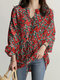 Allover Floral Print Drawstring Waist Puff Sleeve Blouse - Red