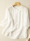 Women Plain Frill Neck Button Front Cotton Puff Sleeve Shirt - White