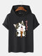 Mens Cute Cat Japanese Print Short Sleeve Drawstring Hooded T-Shirts - Black