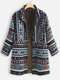 女性のためのエスニックプリント長袖厚いヴィンテージコート - 青い