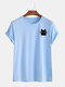 Mens Simple Cartoon Cat Graphic Casual Cotton Short Sleeve T-Shirt - Light Blue