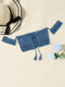 Solid Crochet Knit Hollow Tie Tassel Off Shoulder Crop Top - Dark Blue