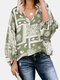 Свободная блузка с рукавами-фонариками и V-образным вырезом Bohemia с этническим принтом - Зеленый