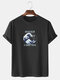 Mens Ukiyo Graphic Print 100% Cotton Casual O-Neck Short Sleeve T-Shirt - Black