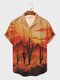 قمصان رجالي بأكمام قصيرة وطبعة مناظر طبيعية صحراوية - البرتقالي