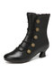 Women Solid Color Synthetic Leather Splicing Comfy Wearable Side Zippers Heel Short Boots - Black