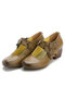 Socofy Genuine Leather Floral Embellished Hook & Loop Soft Comfy Round Toe Retro Mary Jane Heels - Khaki