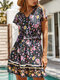 Vestido feminino de cintura elástica com estampa floral boêmia manga curta - Marinha