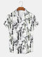 Mens Ink Bamboo Print Revere Collar Short Sleeve Shirts - White