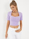Solid Short Sleeve Square Collar Casual Crop Top - Purple