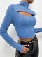 Solid Hollow Out High Neck Long Sleeve Knit Skinny Crop Top - Blue