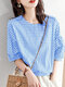 Damen-Bluse mit Gingham-Karomuster, halben Ärmeln und elastischem Saum - Blau