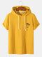 Mens Knitted Texture Coconut Tree Embroidery Drawstring Hooded T-Shirt - Yellow