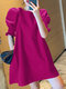 Solid Shirred Puff Sleeve Crew Neck A-line Casual Dress - Rose