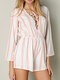 Striped Print Hollow Knotted Long Sleeve Backless Romper for Women - Pink