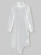 Striped Print Button Knotted Asymmetrical Long Sleeve Casual Dress - White