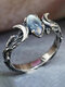 Vintage Bohemia Distressed Carved Leaves Moons Inlaid Drop-shaped Moonstone Alloy Ring - #01