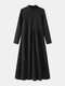 Causal Solid Color Stand Color Long Sleeve Pleated Dress for Women - Black