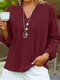 Solid Long Sleeve Pocket V-neck Blouse For Women - Wine Red
