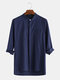 Mens Cotton Linen Casual Solid Plain 3/4 Sleeve Shirt - Navy