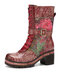 Socofy Retro Floral Print Leather Side-zip Comfy Warm Lining Chunky Heel Mid Calf Boots - Wine Red