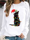 Christmas Black Cat Print Long Sleeves O-neck Sweatshirt For Women - White