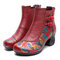 Women Retro Handmade Genuine Leather Flower Chunky Heel Boots - Red