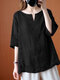 Solid V Neck Half Sleeve Casual Cotton Blouse - Black