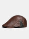 Men Cow Leather Color Contrast Patchwork Cross Strap Decoration Outdoor Casual Warmth Beret Flat Cap - Brown