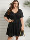 Casual V-neck Elatic Waist Short Sleeve Plus Size Black Dress for Women - Black