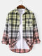 Mens Plaid Ombre Print Cotton Lapel Long Sleeve Casual Shirts - Yellow