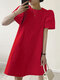 Vestido feminino casual manga bufante decote careca sólido - Vermelho