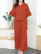 Women Solid Frill V-Neck Ruffle Sleeve Casual Co-ords - Orange