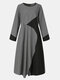 Women Contrast Color O-neck Patchwork Long Sleeve Pocket Casual Dress - Gray