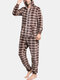 Men Plaid Flannel Thicken Jumpsuit Loungewear Home Loose Hooded Pajamas - Coffee