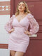 Plus Size Deep V Neck Leaf Print Wrap Design Dress - Pink