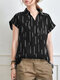 Stripe Print Short Sleeve Lapel Blouse For Women - Black