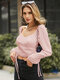 Solid Drawstring Puff Sleeve Square Collar Crop Top - Pink