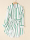 Stripe Print Button Front Lapel Long Sleeve Dress With Belt - Green