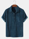Mens Corduroy Solid Color Lapel Short Sleeve Golf Shirt - Blue