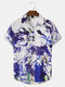 Mens Snow Mountain Landscape Print Lapel Short Sleeve Shirt - Purple