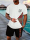 Mens Smile Ethnic Geometric Print Patchwork Short Sleeve Two Pieces Outfits Winter - White