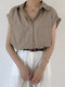 Solid Button Pocket Roll Sleeve Lapel Casual Shirt - Beige