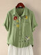 Vintage Embroidery Floral Short Sleeve Casual Button Blouse - Green