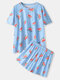 Plus Size Women Stripe Watermelon Print Short Sleeve Home Pajama Sets - Blue