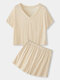 Women Solid Color V-Neck Texture Short Sleeve Home Comfy Pajama Sets - Apricot