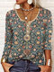 Women Ethnic Floral Print Quarter Button Long Sleeve T-Shirt - Green