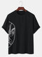 Mens Chinese Style Opera Face Print Linen Loose Short Sleeve T-Shirts - Black