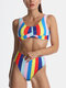 Biquíni de cintura alta para mulher com listra multicolorida Fold alças largas plissadas - Multi Color