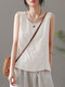 Solid Fold Pleated Crew Neck Sleeveless Casual Tank Top - White